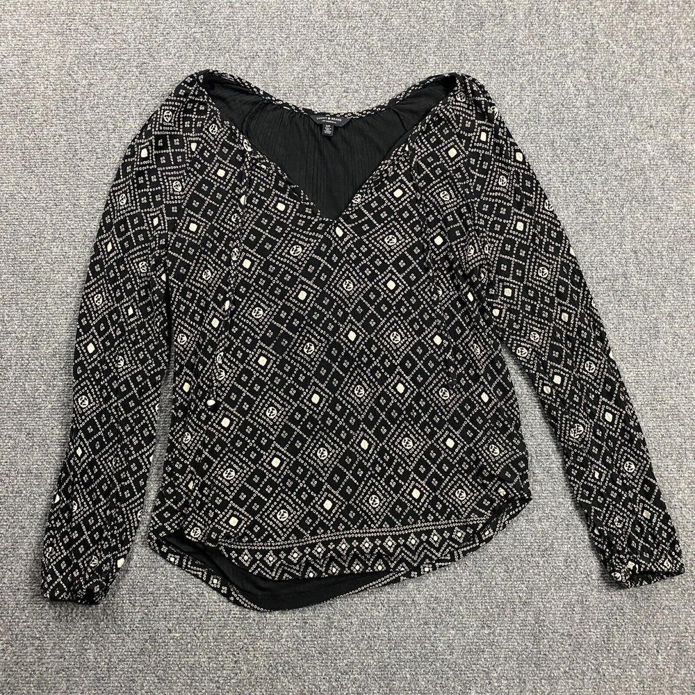 Lucky Brand Top Women's Small Black Long Sleeve V-Neck Blouse 100% Viscose S